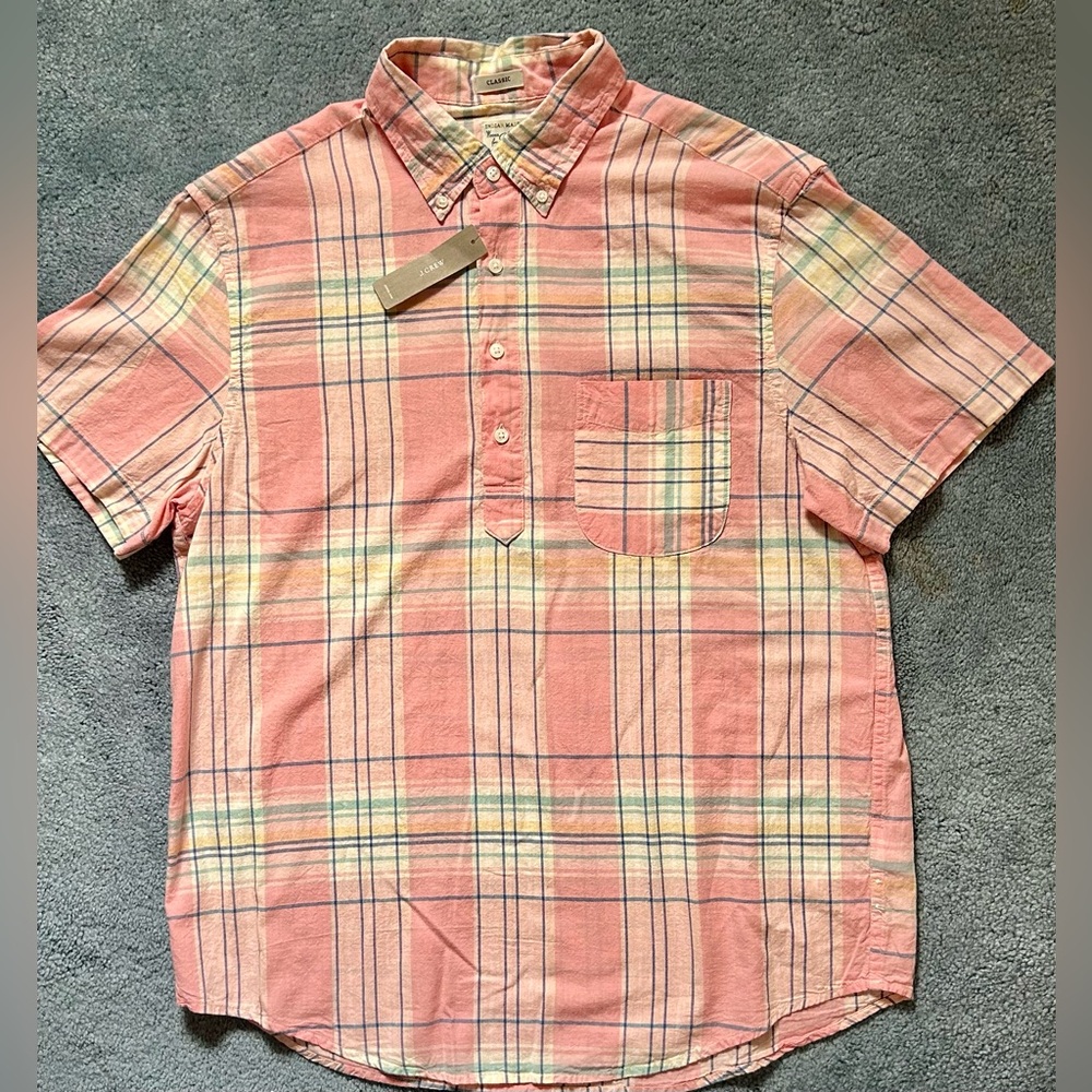 J. Crew Madras Popover Button-Down Shirt - Medium - Coral Plaid - NWT